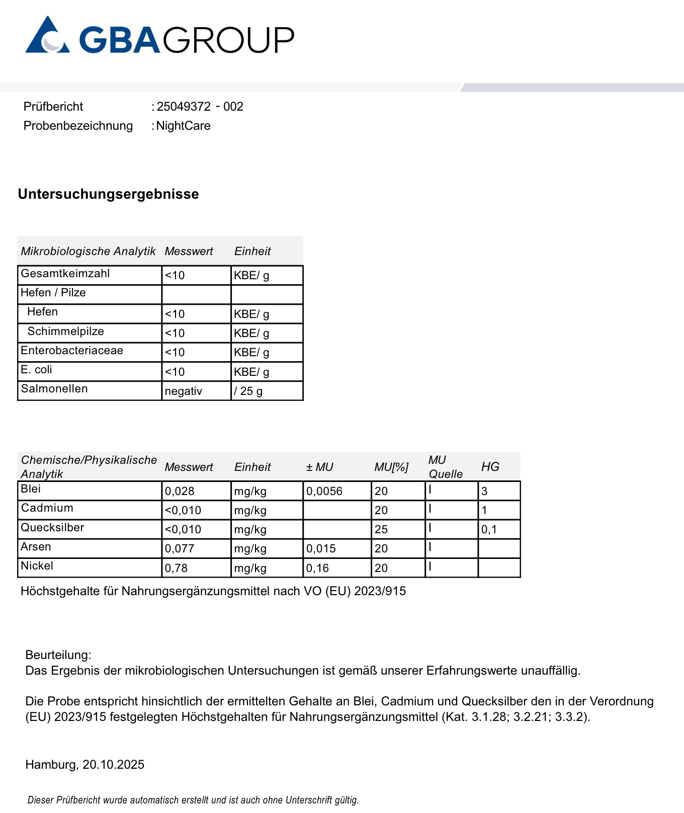 NightCare GBA Group Laborzertifikat Qualitätsnachweis Reinheitsprüfung