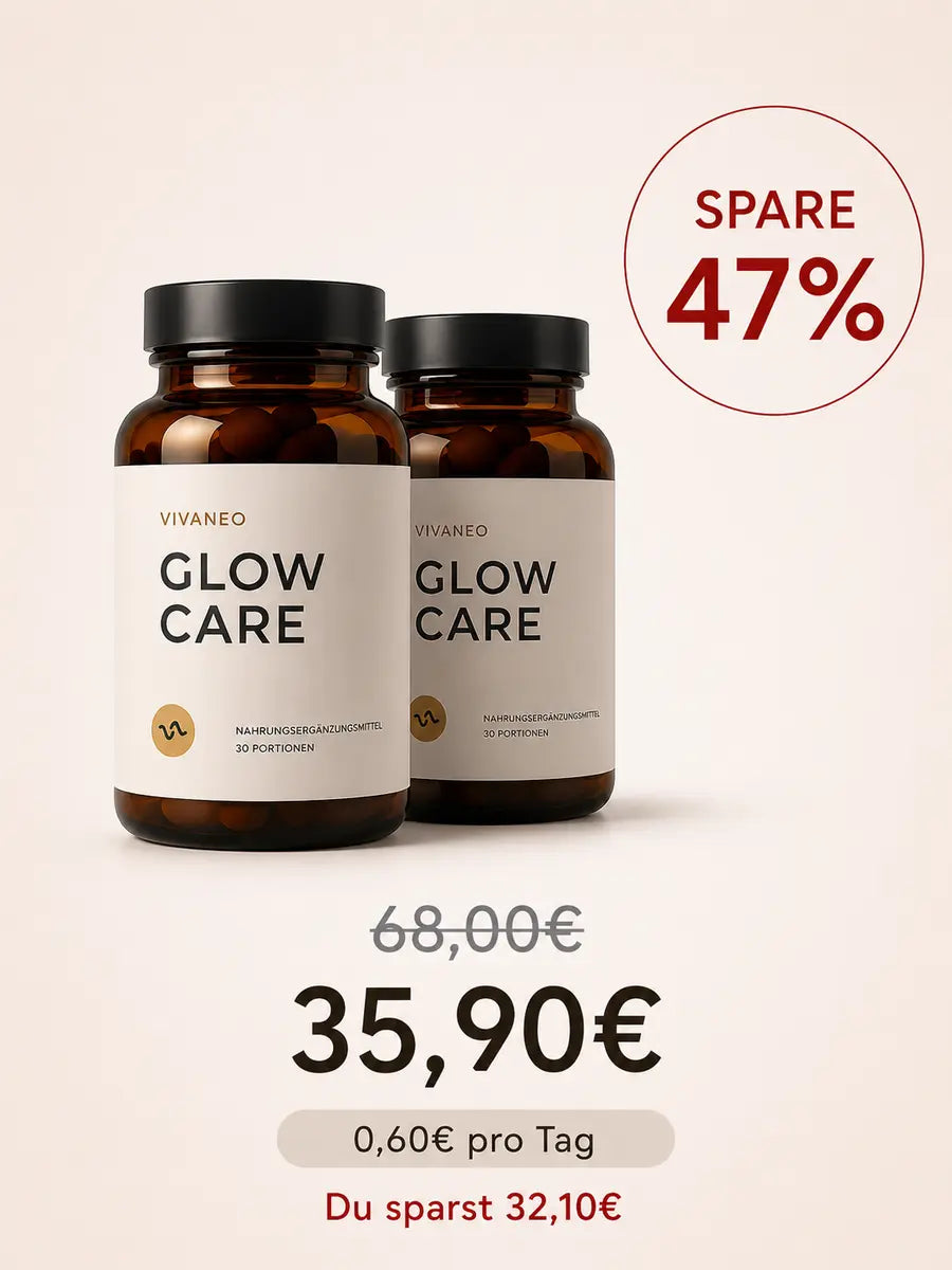 Two brown bottles of Vivaneo Glow Care supplements with text showing a 47% discount and new pricing.