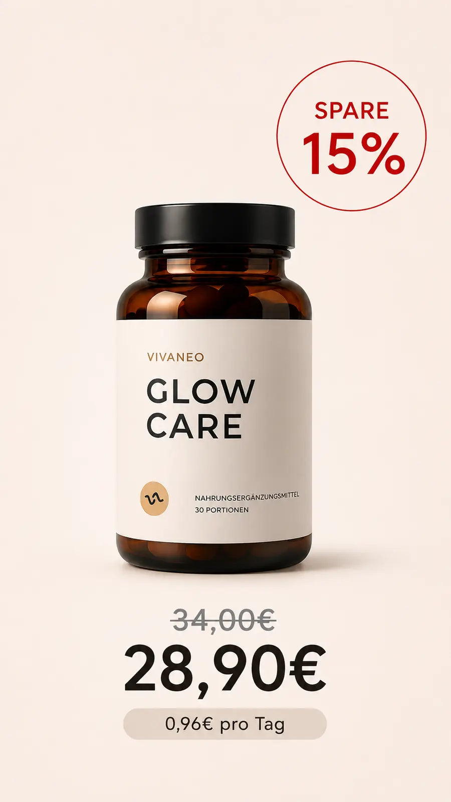 A brown bottle of Vivaneo Glow Care supplements with price and a 'Save 15%' discount sticker.